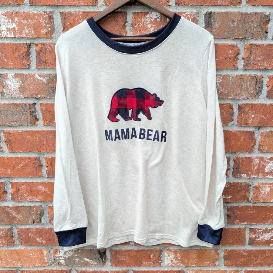 Dearfoams Mama Bear Pajama Top Womens 2X Cream Buffalo Plaid Long Sleeve