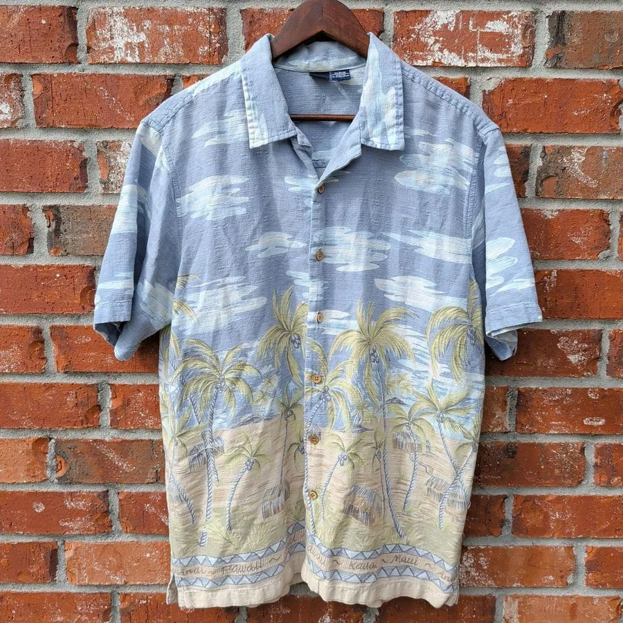 Cherokee Hawaiian Shirt Mens Large Blue Tropical Palm Tree Scenic Cotton Rayon