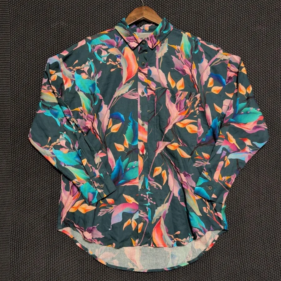 Calia Button Up Shirt Mens Small Multicolor Floral Linen Blend Tropical Long Slv