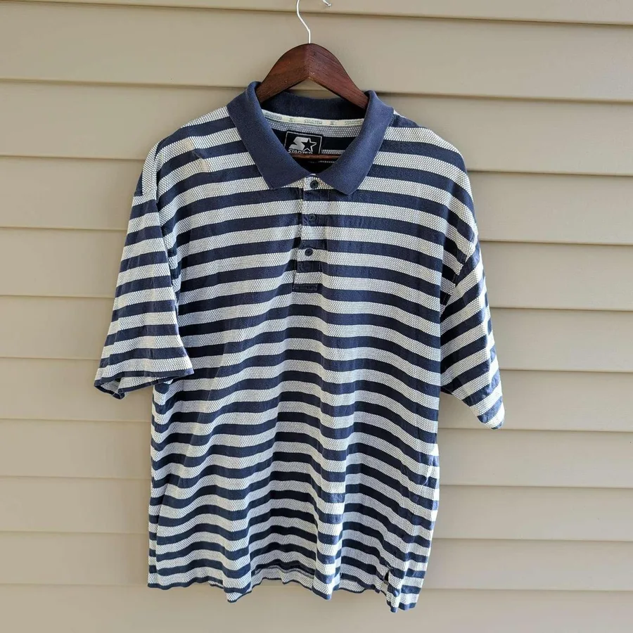 Starter Polo Shirt Mens XL Navy Blue White Striped Short Sleeve Cotton Casual