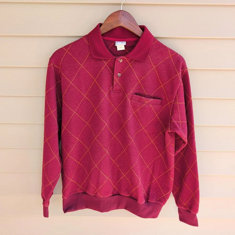 Haband Casual Joe Polo Sweatshirt Mens M Burgundy Diamond Grid Long Sleeve