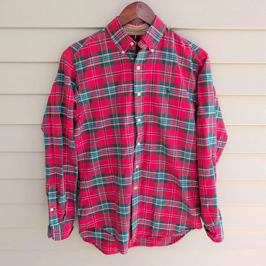Ralph Lauren Button Down Mens S Red Tartan Plaid Corduroy Collar Long Sleeve
