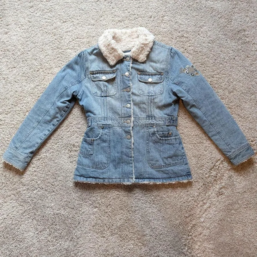 Arizona Jean Co Sherpa Lined Denim Jacket Girls Large 14 Blue Floral Embroidery