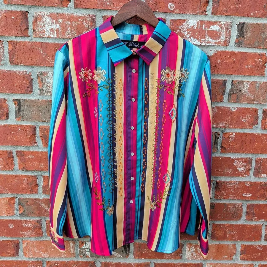 Lucky & Blessed Western Shirt Womens XL Multi Color Embroidered Pearl Snap