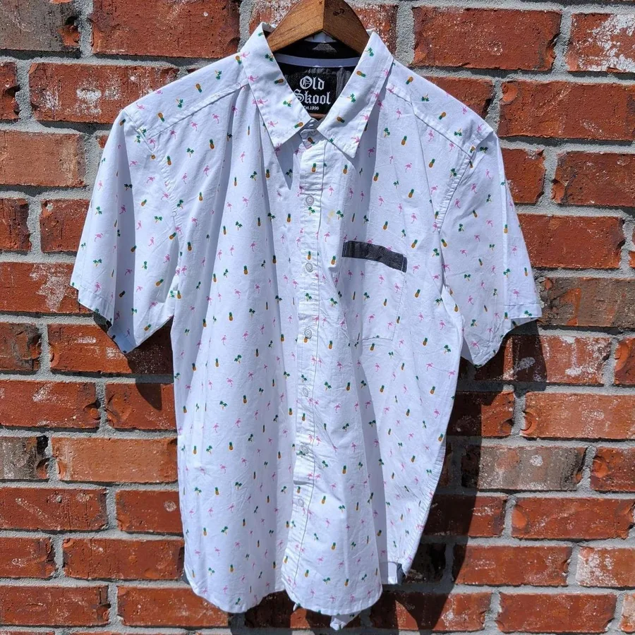 Old Skool Button Down Shirt Mens 2X White Tropical Flamingo Pineapple Cotton