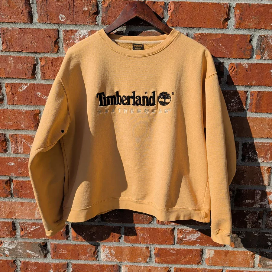 Timberland Weathergear Crewneck Sweatshirt Mens L Mustard Yellow Embroidered