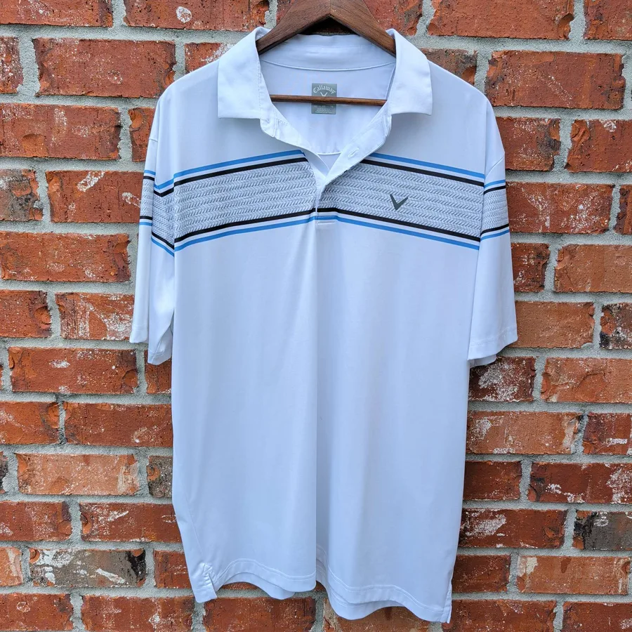 Callaway Opti-Dri Golf Polo Mens XL White Blue Striped Chest Print