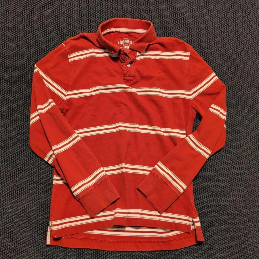 Aeropostale Polo Shirt Mens Medium Red White Striped Long Sleeve Authentic Fit