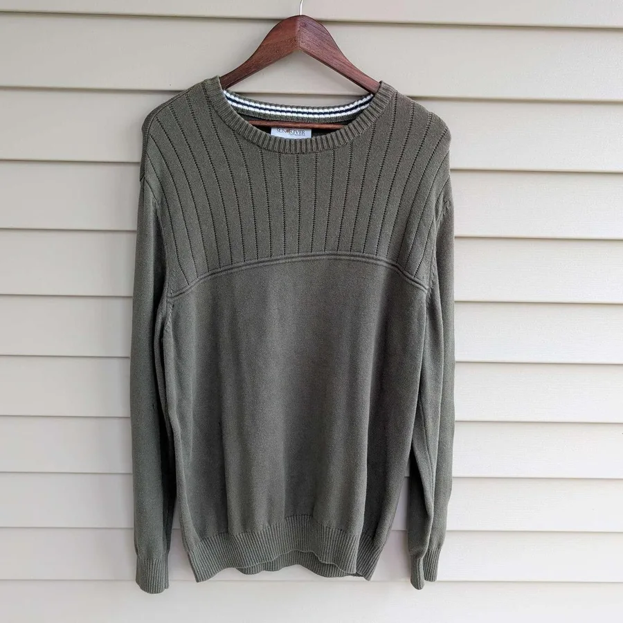 Sun River Sweater Mens Large Olive Green Textured Ribbed Crewneck Cotton