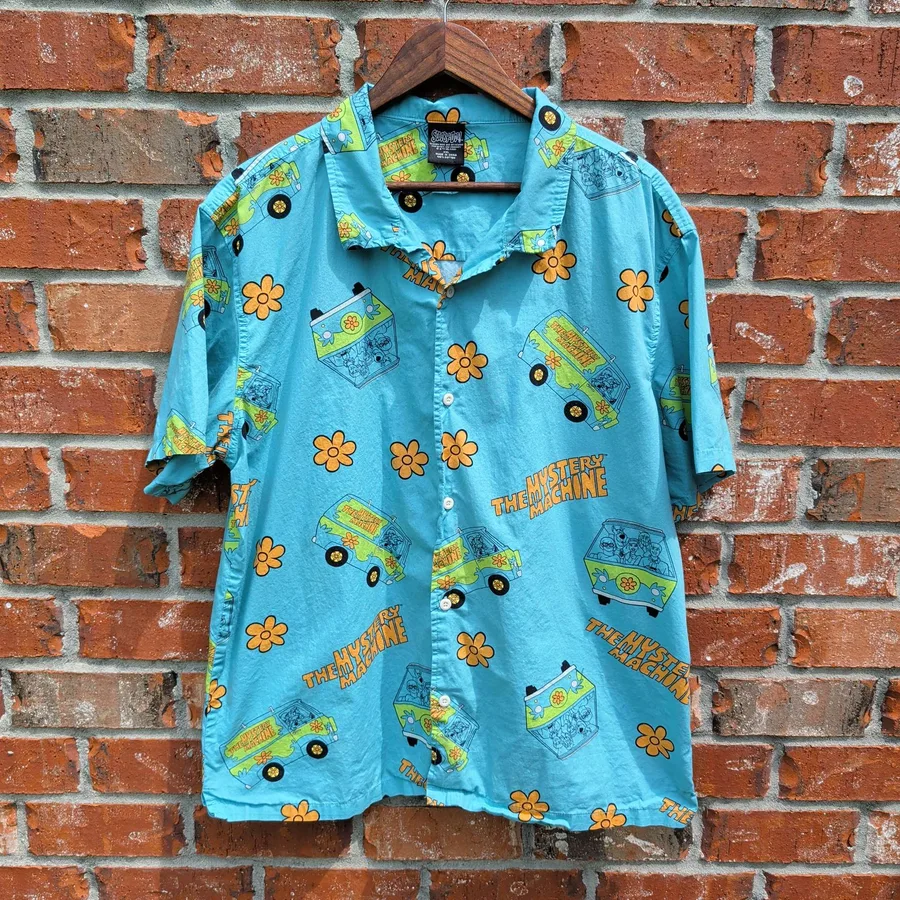 Scooby-Doo Mystery Machine Shirt Mens XXL Blue All Over Print Button Down