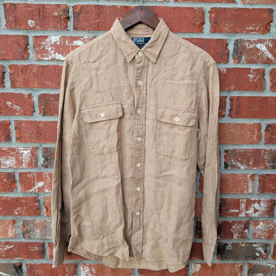 Polo Ralph Lauren Whitfield Shirt Mens Medium Tan Linen Herringbone Custom Fit