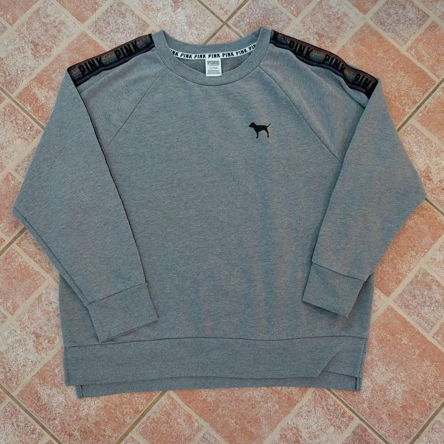PINK Victoria's Secret Sweatshirt Women L Gray Rainbow Glitter Tape Logo