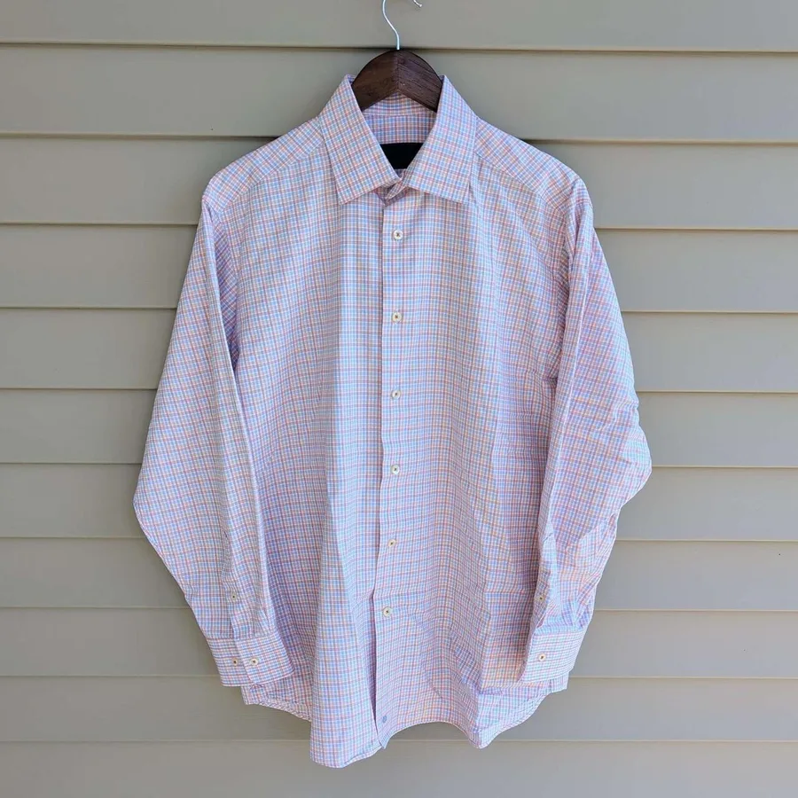David Donahue Dress Shirt Mens 16 32/33 Orange Blue Check Cotton Spread Collar