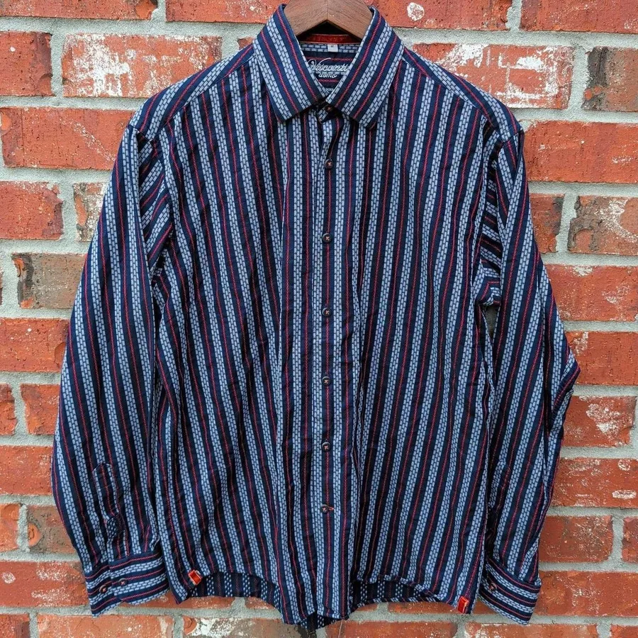 Visconti Uomo Button Down Shirt Mens Medium Blue Red Striped Mercerized Cotton