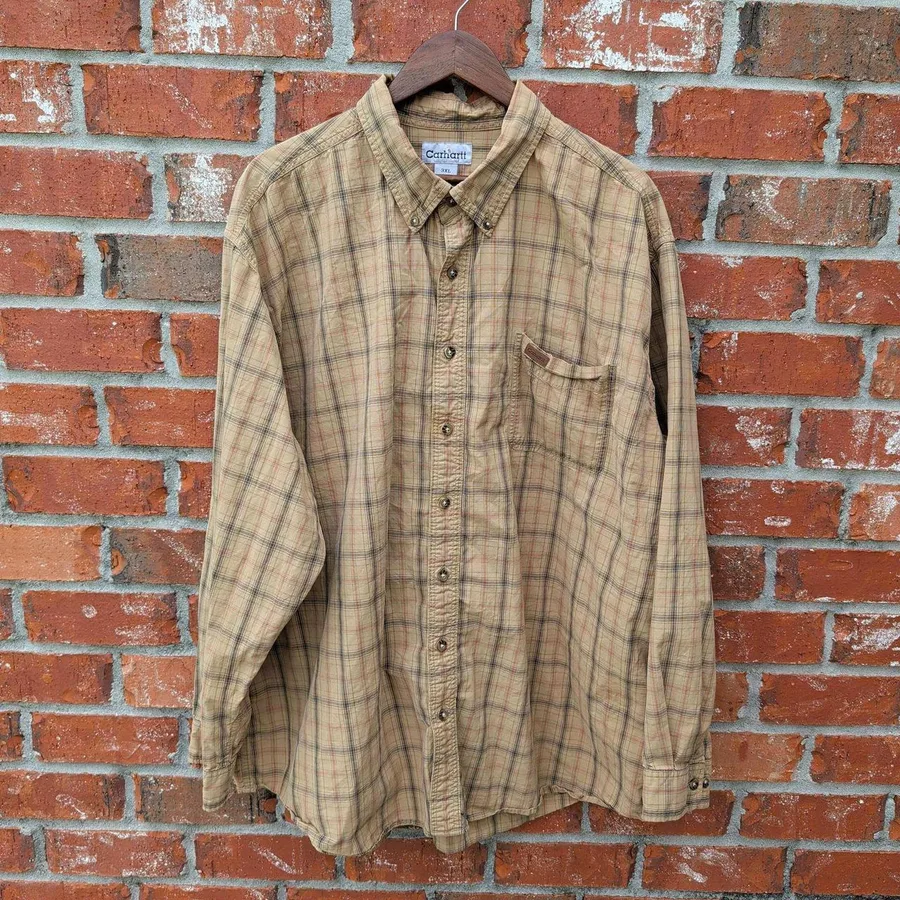 Carhartt Button Down Shirt Men 3XL Tall Tan Plaid Long Sleeve Cotton Workwear