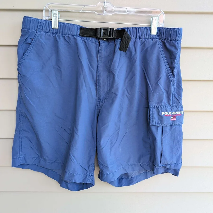 Polo Sport Ralph Lauren Shorts Mens L Blue Nylon Cargo Belted Vintage 90s