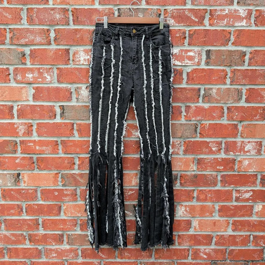 Purple Candy Distressed Flare Jeans Womens Size S Black Frayed Shredded Edgy
