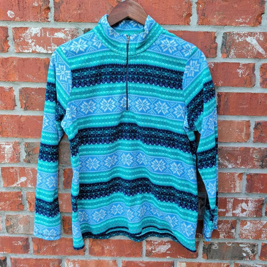 L.L.Bean Fleece Pullover Womens L Blue Fair Isle Snowflake 1/4 Zip