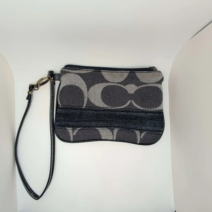 Coach Wristlet Women Small Blue Signature C Denim Jacquard Leather Trim Pouch