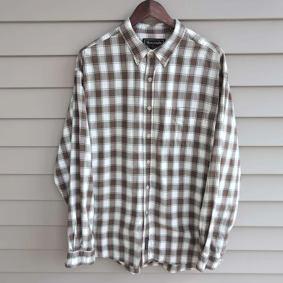 Abercrombie & Fitch Plaid Flannel Shirt Mens L Green Brown Button Down
