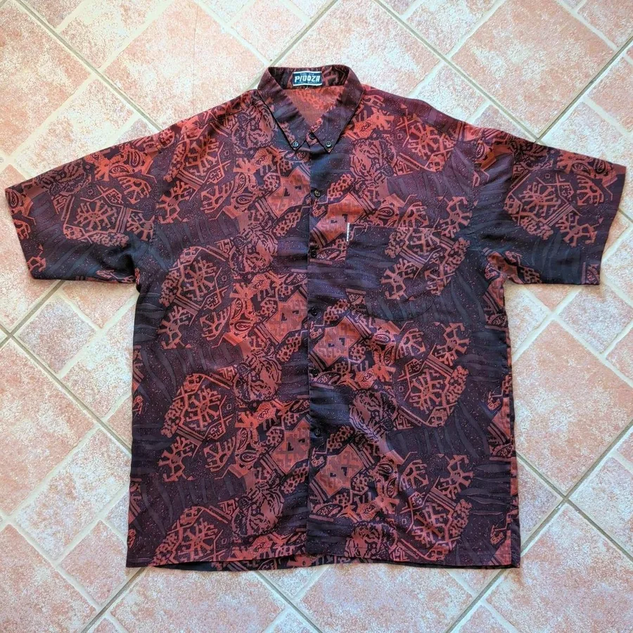 Pidoza Thai Silk Shirt Mens L Burgundy Black Tribal Geometric Short Sleeve