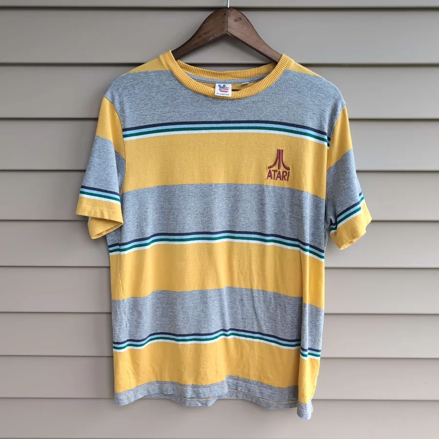Junk Food Atari Striped Tee Mens L Yellow Gray Embroidered Logo Vintage