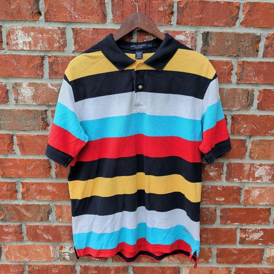 Daniel Cremieux Polo Shirt Mens Large Multicolor Striped Cotton Short Sleeve