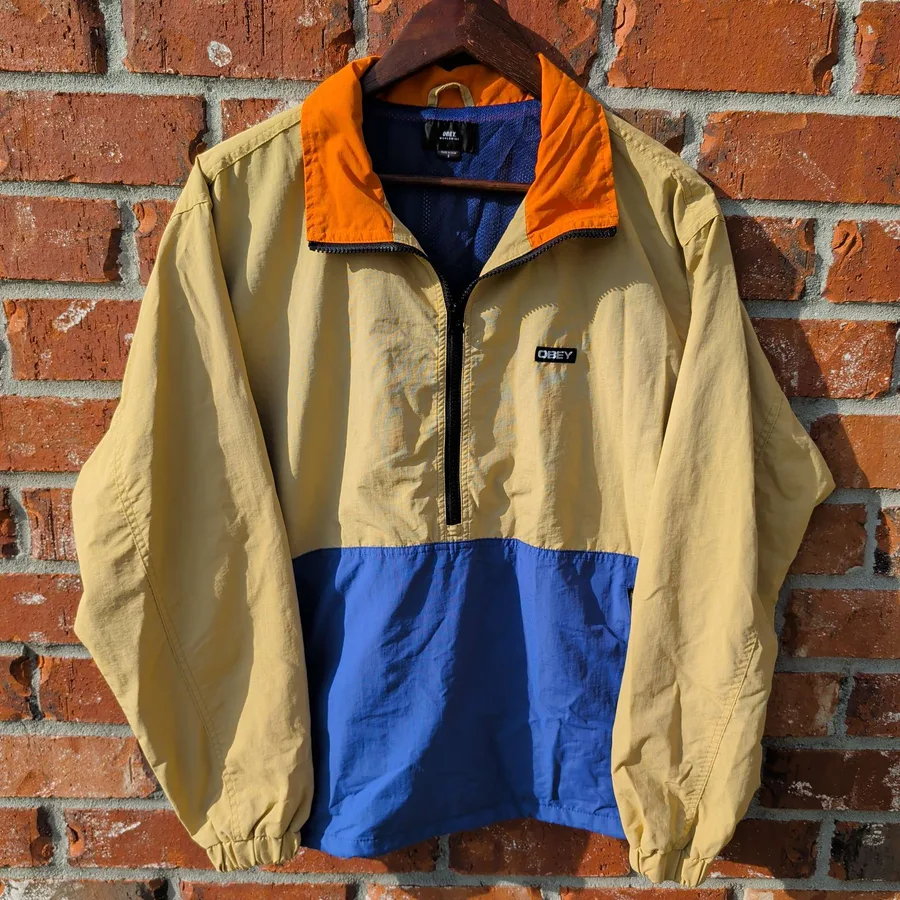 Obey Worldwide Anorak Jacket Mens S Yellow Blue Orange Colorblock Nylon