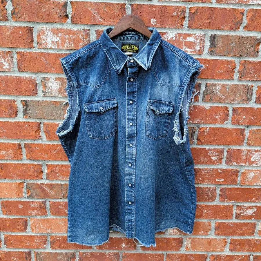 BB Brand Denim Vest Mens XL Blue Cut Off Western Pearl Snap Raw Hem Made in USA