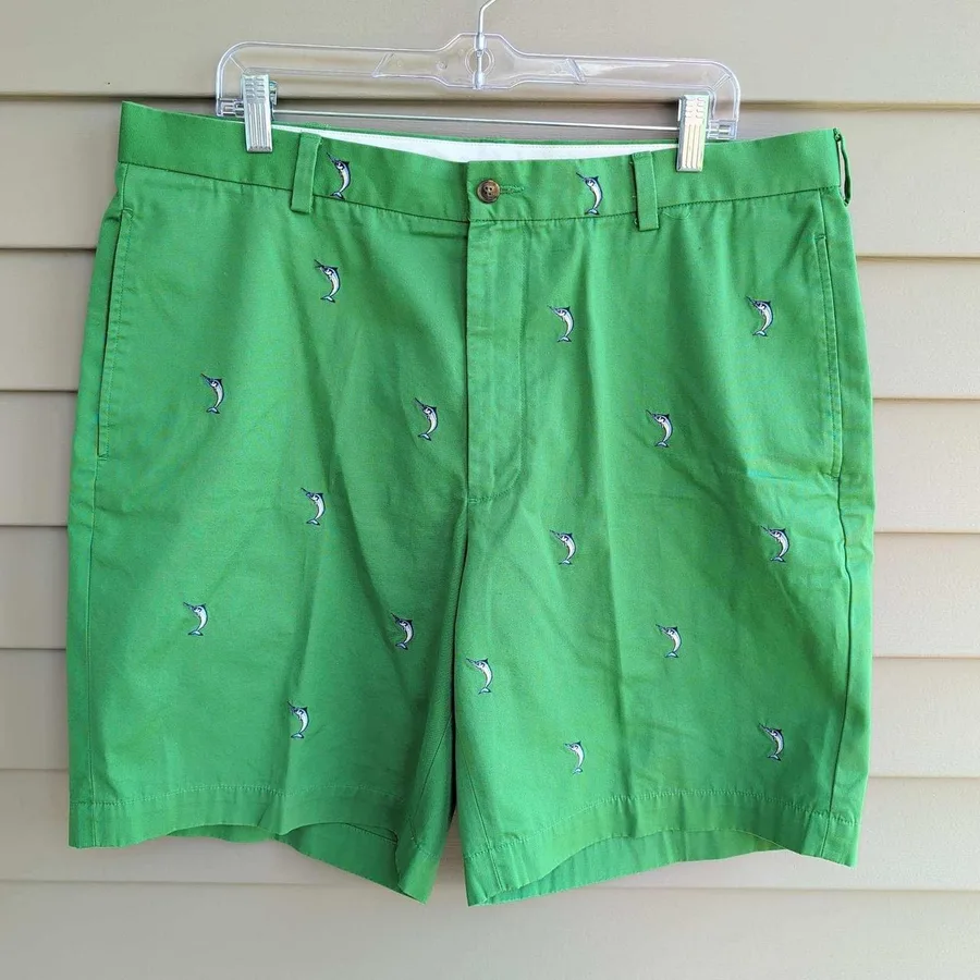 Brooks Brothers 346 Chino Shorts Mens 38 Green Embroidered Marlin Nautical