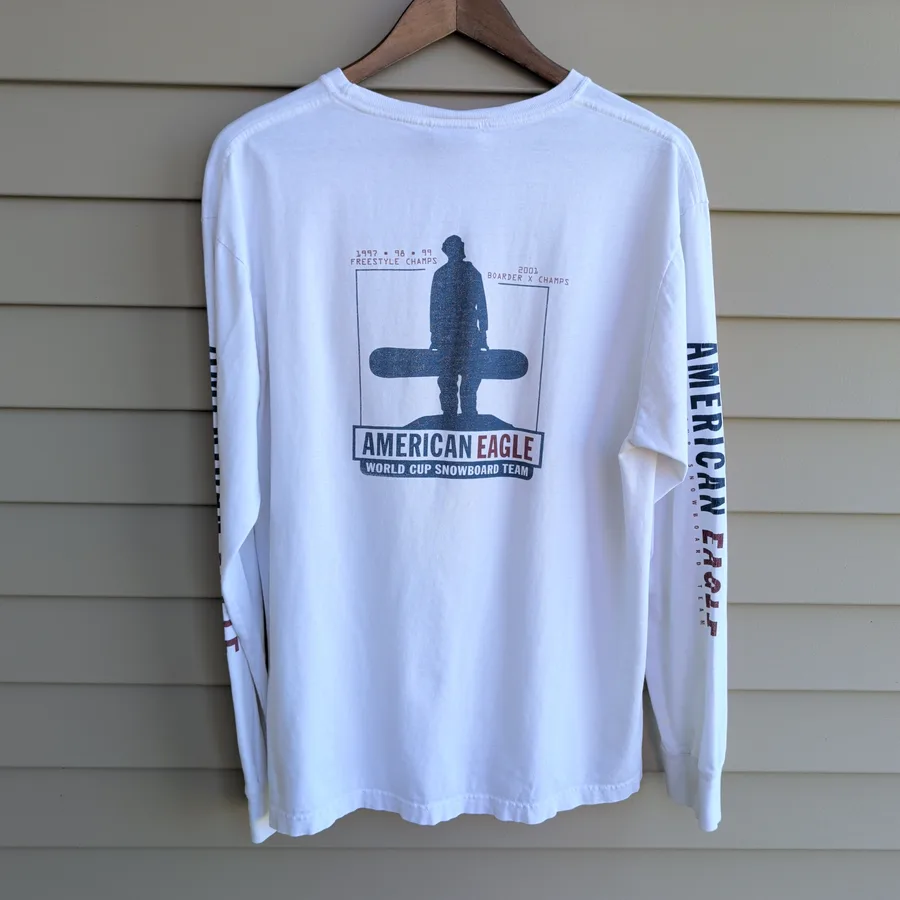 VTG 90s American Eagle Snowboard Team Long Sleeve Mens M White Graphic Tee