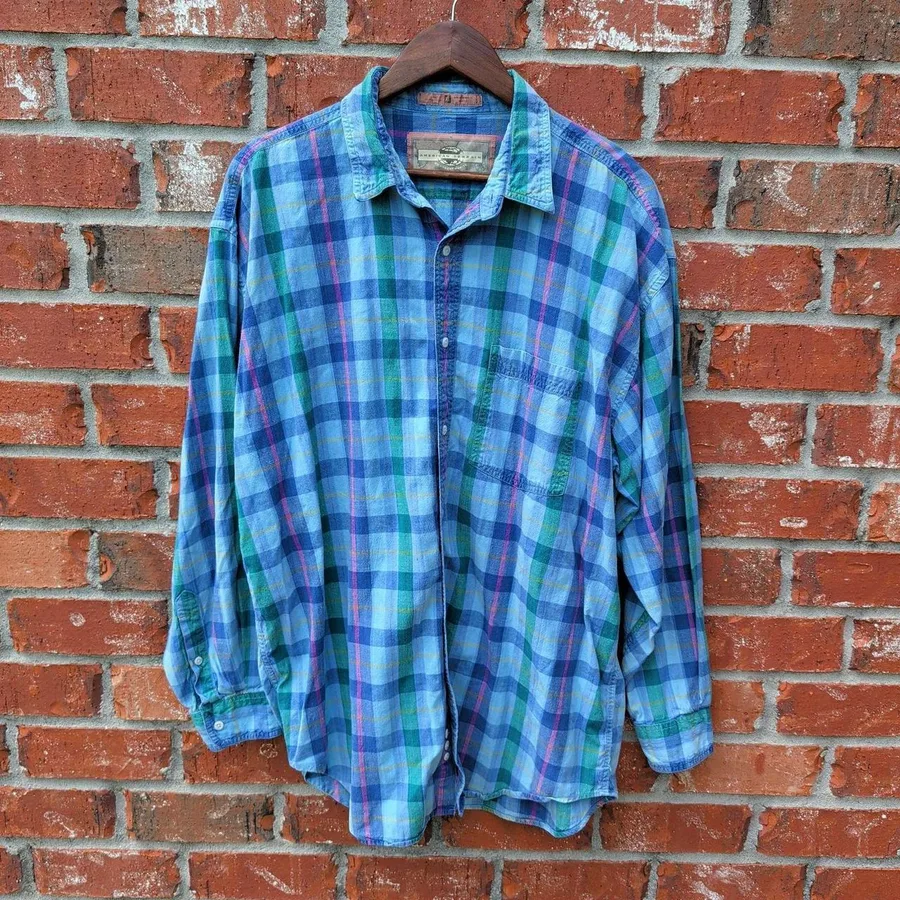 VTG 90's American Terrain Button Down Mens XL Blue Green Pink Plaid Long Sleeve