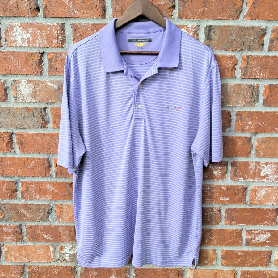 Greg Norman Play Dry Golf Polo Mens XL Purple Striped Shark Logo Performance