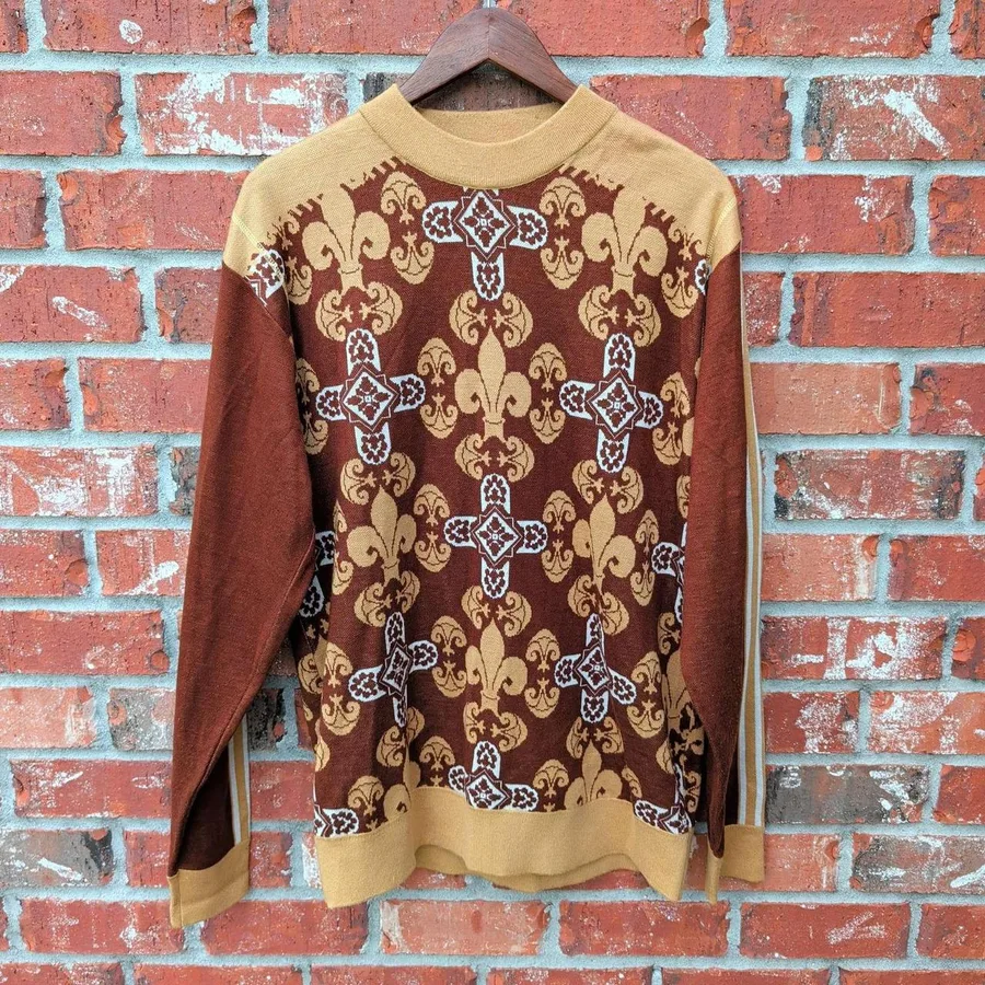 Royal Prestige Sweater Mens Large Brown Yellow Fleur-de-lis Cross Knit Pullover