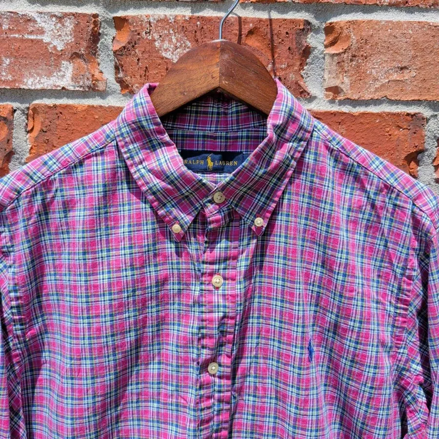 Ralph Lauren Button Down Shirt Mens XL Pink Blue Plaid Long Sleeve Cotton