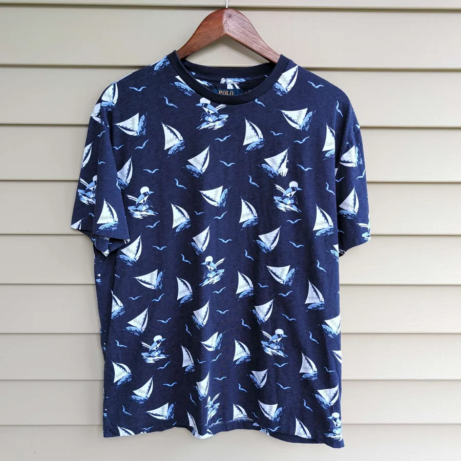 Polo Ralph Lauren T-Shirt Mens M Navy Sailboat Print Classic Fit Nautical
