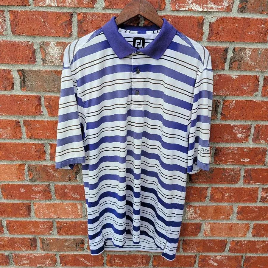 FootJoy Polo Shirt Mens Large Blue White Striped Short Sleeve Performance Golf