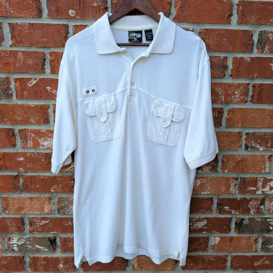 Mecca USA Cargo Pocket Polo Mens XL White Y2K Snap Pocket Rugby