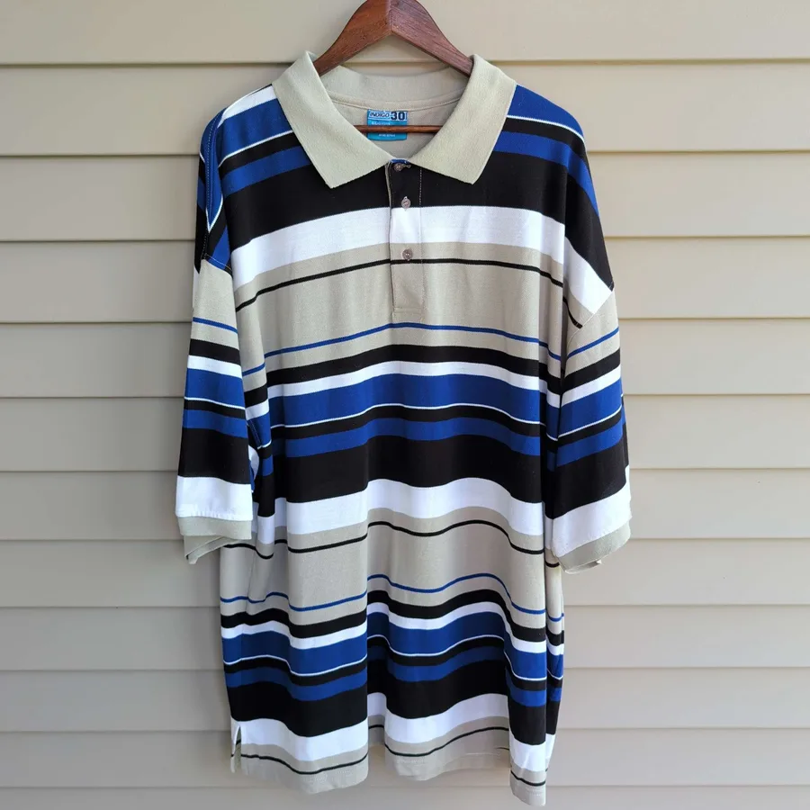 Indigo 30 Striped Polo Mens 5X Blue Black Tan Long Sleeve Rugby Style
