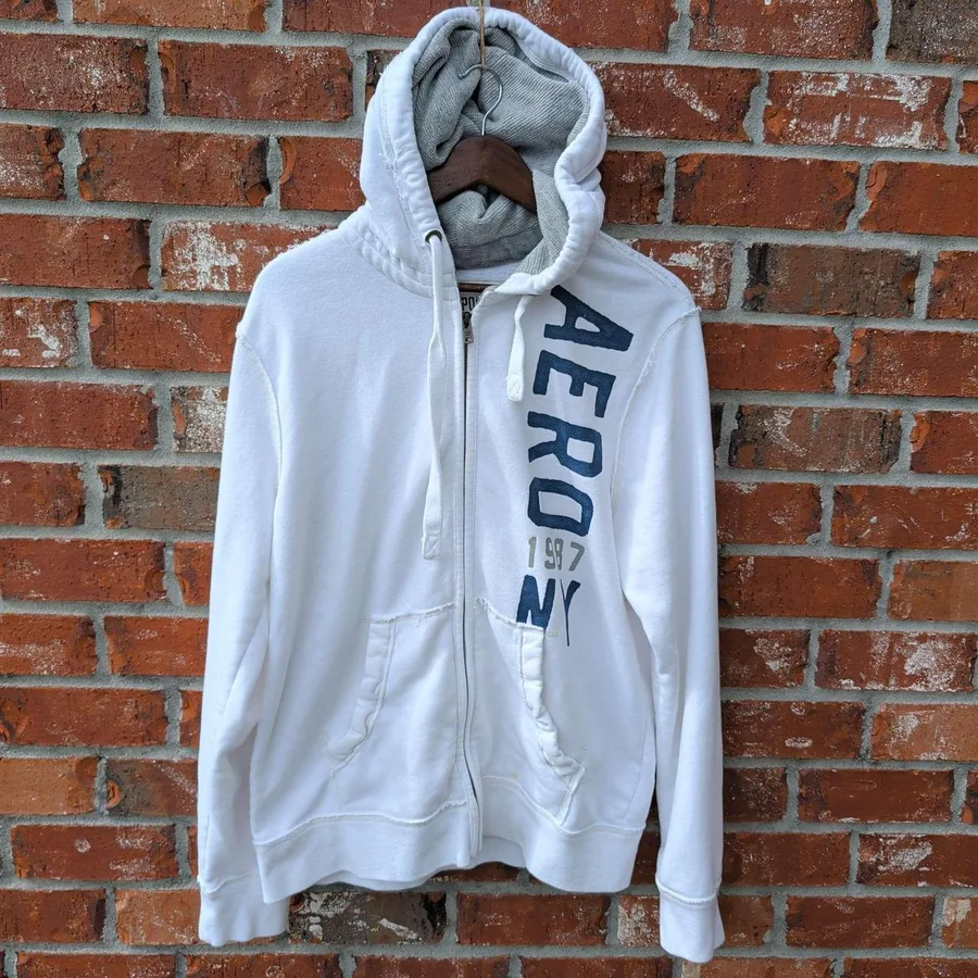 Aeropostale Hoodie Women Large White Full Zip Graphic Logo 1987 NY Waffle Hood