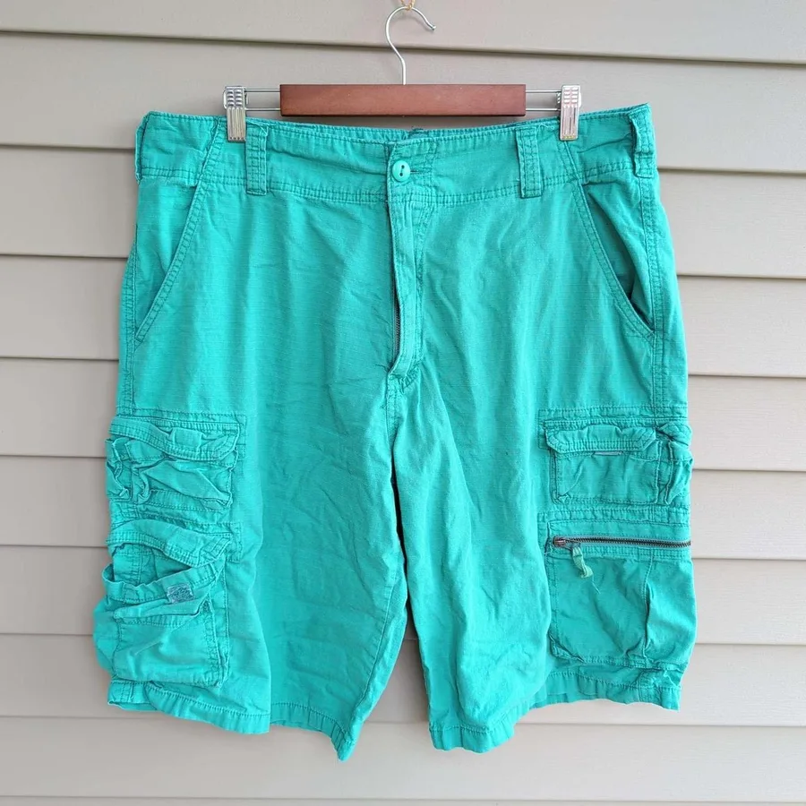Plugg Cargo Shorts Mens 36 Green Ripstop Cotton Multi-Pocket Utility Hiking