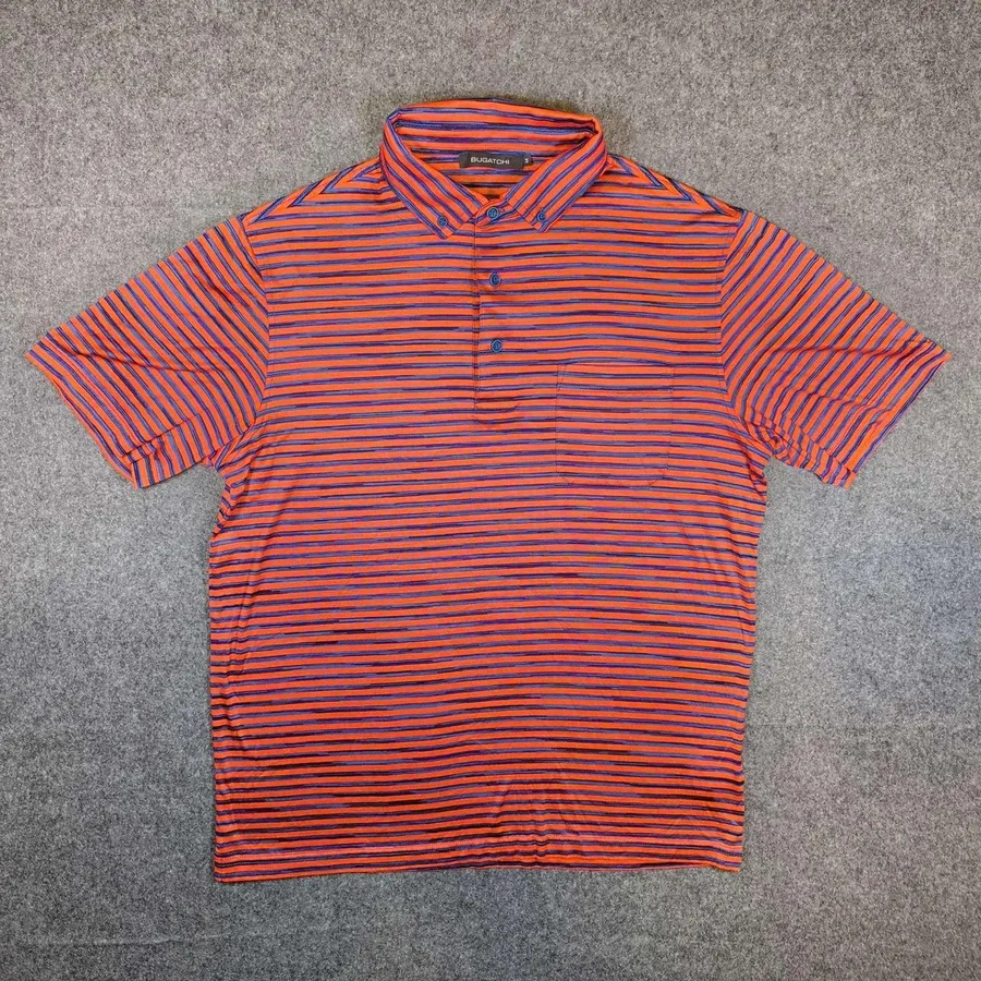 Bugatchi Polo Shirt Mens Medium Orange Blue Striped Mercerized Cotton