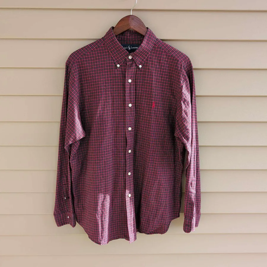Ralph Lauren Button Down Shirt Mens Large Red Black Micro Check Classic Fit