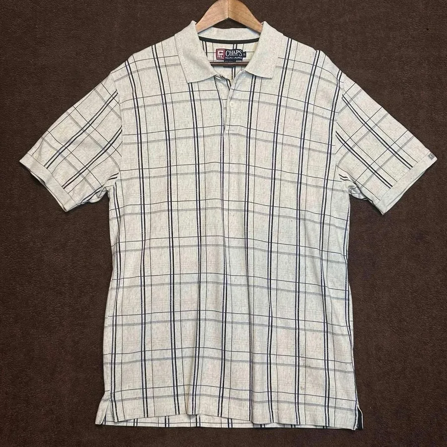 Chaps Ralph Lauren Polo Shirt Mens XL Beige Blue Plaid Cotton Linen Short Sleeve