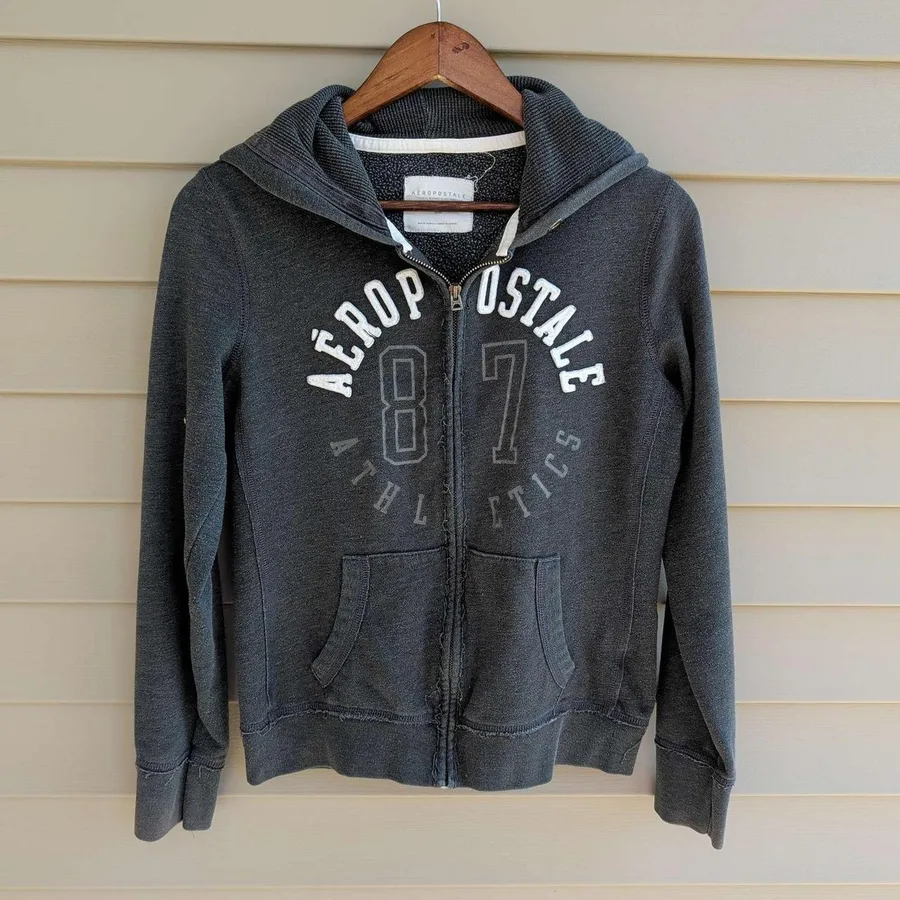 Aeropostale Full Zip Hoodie Women Medium Grey Athletics 87 Graphic Waffle Hood