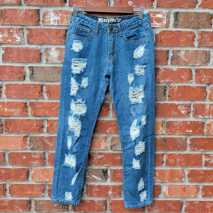 Machine Jeans Distressed Denim Women 26 Blue Shredded Ripped Cotton Pants