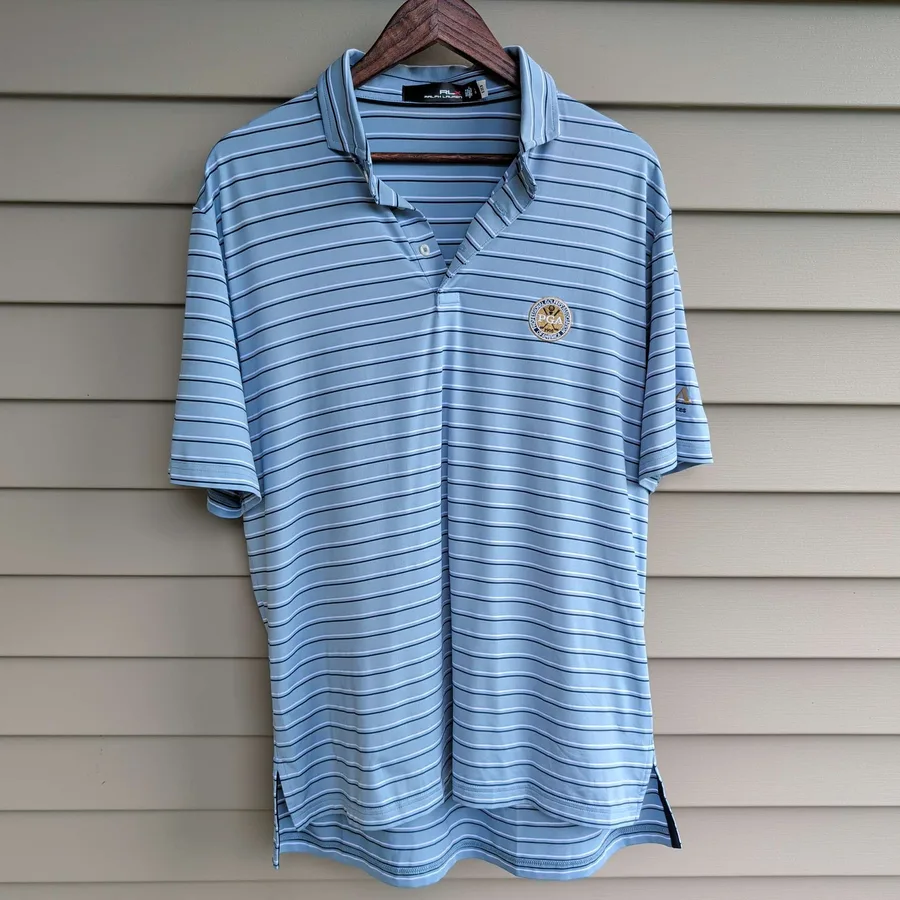 RLX Ralph Lauren Golf Polo Mens L Blue Striped PGA of America Patch