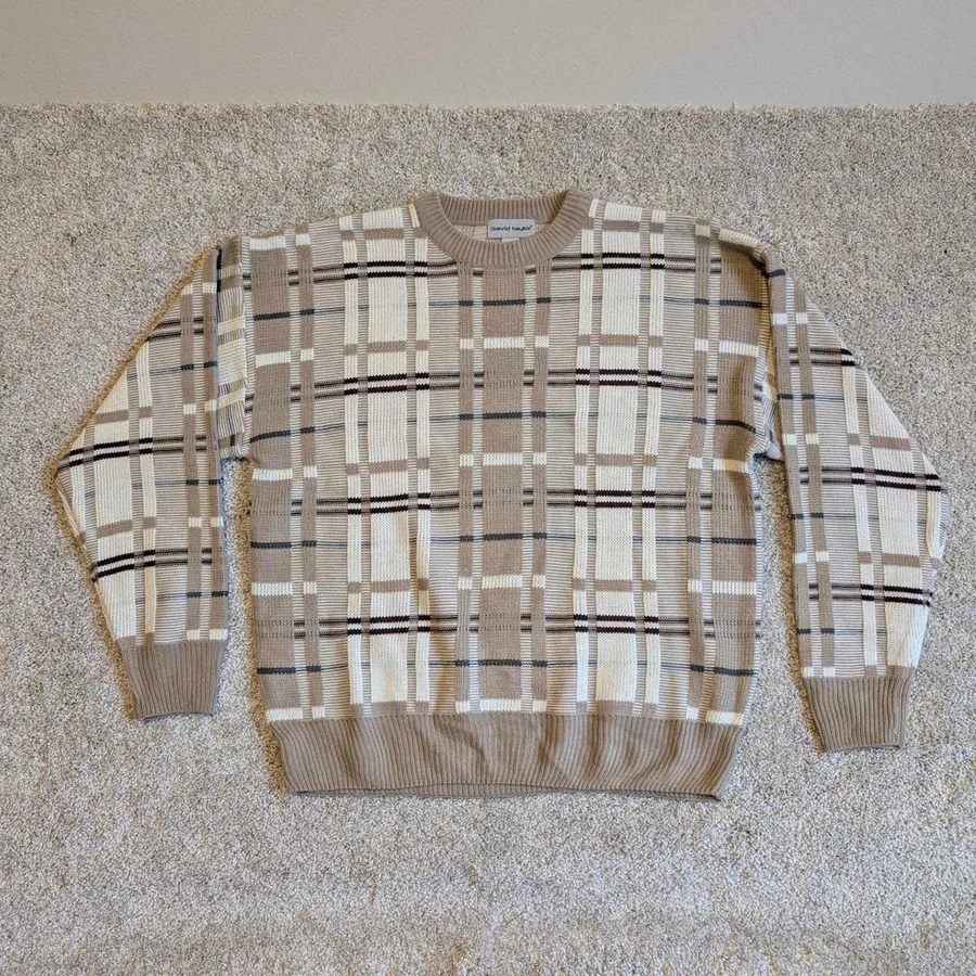 David Taylor Men's Sweater M/M Beige Plaid Knit Crew Neck Long Sleeve