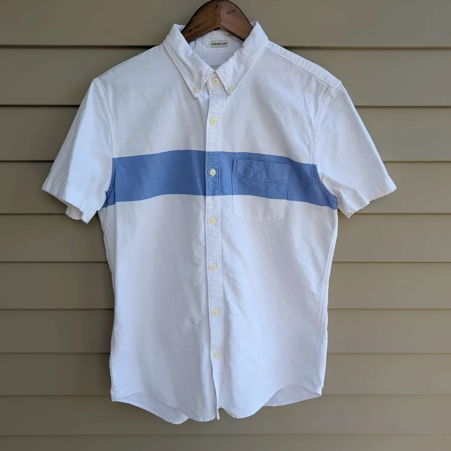 American Eagle Oxford Shirt Mens M White Blue Chest Stripe Short Sleeve