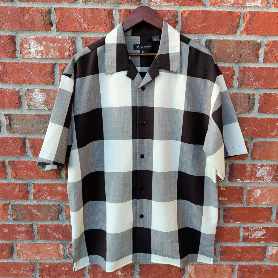 Montique Check Camp Shirt Mens XL Black White Short Sleeve Button Up